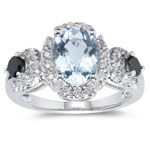 0.47 Ct Black & White Diamond & 2.03 Ct Sky Blue Topaz Ring- 14KW Gold