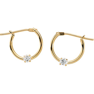 Youth Hoop Click Earrings with CZ in 14K Yellow Gold