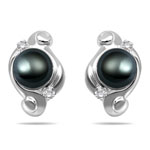 0.09 Cts Diamond & Pearl Swirl Earrings in 14K White Gold