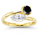 0.81 Ct White Sapphire & 0.72 Ct Black Diamond Ring in 14K Yellow Gold