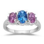 1.60 Ct Diamond,Pink Tourmaline,London Blue Topaz Threestone Ring 14KW