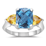 4.05 Ct AAA Swiss Blue Topaz-Yellow Aquamarine Three Stone Ring-14KW Gold