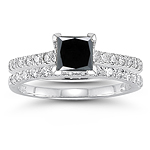 1.60 Cts White & Black Diamond Engagement-Wedding Rings in 14K White Gold