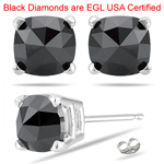 2.19 Cts AA EGL USA Certified Cushion Rose Cut Black Diamond Stud Earrings in 14K White Gold