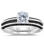 0.66 Cts Black Diamond & 1.00 Ct Simulated Diamond-Cubic Zirconia Matching Ring Set in 14K White Gold