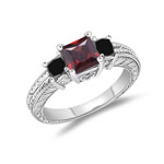 0.64-0.88 Cts Black Diamond, 0.03 Cts Diamond & 0.97 Cts AAA Garnet Ring in 14K White Gold