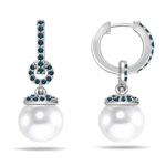 0.57 Cts Blue Diamond & Pearl Dangling Earrings in 14K White Gold