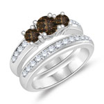 1.30 Cts Brown & White Diamond Three Stone Engagement Ring & Wedding Band Set in 14K White Gold