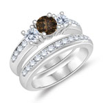 1.27 Cts Brown & White Diamond Engagement-Wedding Ring Set in 14K White Gold