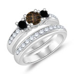 0.37 Cts Brown Diamond, 1.03 Cts Black & White Diamond Engagement-Wedding Ring Set in 14K White Gold