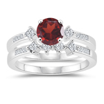 0.48 Cts Diamond & 1.25 Cts Garnet Matching Ring Set in 14K White Gold