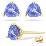 4.02 Cts of 8 mm A Trillion cut Tanzanite Stud Earrings in 18K Yellow Gold