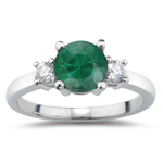 0.10 Cts Diamond & 0.45 Cts Natural Emerald Three Stone Ring in 14K White Gold