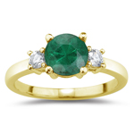 0.10 Cts Diamond & 0.45 Cts Natural Emerald Three Stone Ring in 14K Yellow Gold