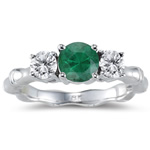 0.20 Cts Diamond & 0.69 Cts Natural Emerald Three Stone Bamboo Style Ring in 18K White Gold