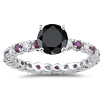 2.00 Cts Black & White Diamond & 0.45 Cts Ruby Ring in 14K White Gold