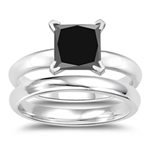 2.50 Cts Princess Cut Black Diamond Engagement and Plain Wedding (3mm comfort fit) Ring Set in Sterling Silver