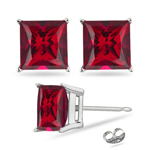 1.10 Cts of 4.5 mm AA Princess Created Ruby Stud Earrings in Sterling Silver