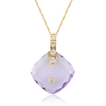 0.10 Cts Diamond & 3.85 Cts of 10 mm AA Cushion Rose De France Amethyst Necklace in 14K Yellow Gold