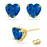 4.20 Cts of 8 mm AAA Heart Created Blue Sapphire Stud Earrings in 14K Yellow Gold