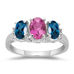 0.02 Cts Diamond, 0.81 Cts AAA Pink Tourmaline & 1.23 Cts AAA London Blue Topaz Three Stone Ring in 14K White Gold