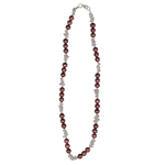 Rose Quartz Chips Bead & Maroon Freshwater Cultured Pearl Necklace in Silver