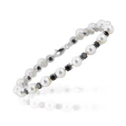 3.40 Cts Black Diamond & Akoya Cultured Pearl Bracelet in 14K White Gold