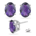 8.00 Cts of 12x10 mm AAA Oval Checker Board Amethyst Stud Earrings in 14K White Gold
