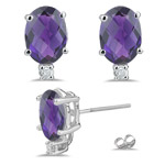 0.06 Cts Diamond & 4.40 Cts of 10x8 mm AAA Oval Checker Board Amethyst Earrings in Platinum