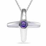 0.10 Cts of 3 mm AA Round Amethyst Solitaire Cross Pendant in Silver
