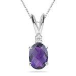0.02 Cts Diamond & 0.60 Cts of 7x5 mm AAA Oval Checker Board Amethyst Pendant in 14K White Gold