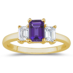 0.33 Cts Diamond & 1.10 Cts of 8x6 mm AAA Emerald Amethyst Three Stone Ring in 14K Yellow Gold