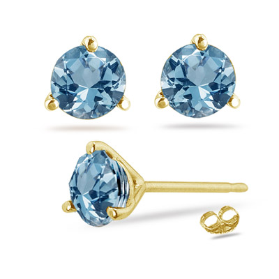 0.82-0.94 Cts of 5 mm AA Round Aquamarine Stud Earrings with Scroll Lever Backs in 14K Yellow Gold 