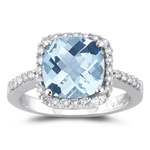 3.10 Cts Diamond & AA Cush Check Aquamarine Ring in 14K White Gold