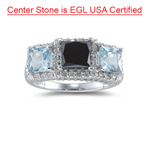 1.83 Ct Black & White Diamond, 1.30 Ct AA Aquamarine Ring- 14K White Gold