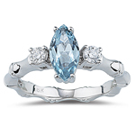 0.20 Ct Diamond & 0.88 Ct Aquamarine Three Stone Ring- 14K White Gold