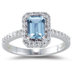 1.05 Cts Diamond & AA Emerald-Cut Aquamarine Ring in 18K White Gold