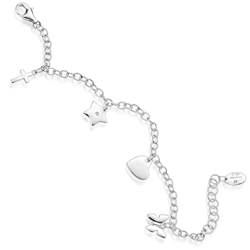 Childrens Jewelry - Diamond Butterfly,Heart,Star,Cross Charm Bracelet in Silver