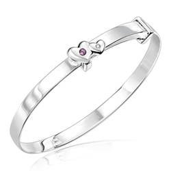 Childrens Jewelry - 0.01 Cts Diamond & 0.02 Cts Amethyst February Birthstone Double Heart Adjustable Bangle Bracelet in Silver