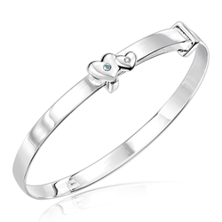 Childrens Jewelry - 0.01 Cts Diamond & 0.03 Cts Aquamarine March Birthstone Double Heart Adjustable Bangle Bracelet in Silver