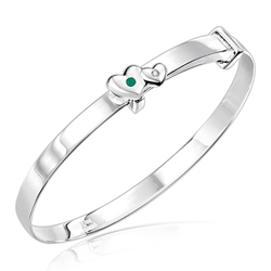 Childrens Jewelry - 0.01 Cts Diamond & 0.03 Cts Natural Emerald May Birthstone Double Heart Adjustable Bangle Bracelet in Silver