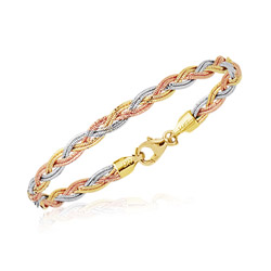 Tri Color Braided Omega Bangle in 14K Three Tone Gold