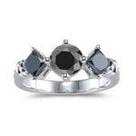 2.00 Cts Three Stone Black Diamond Ring in 14K White Gold