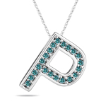 0.26 Cts Blue Diamond P Initial Pendant in 14K White Gold