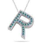 0.29 Cts Blue Diamond R Initial Pendant in 14K White Gold