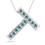 0.24 Cts Blue Diamond T Initial Pendant in 14K White Gold