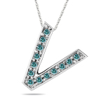 0.26 Cts Blue Diamond V Initial Pendant in 14K White Gold