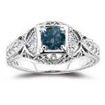 0.55 Cts Blue & White Diamond Filigree Ring in 14K White Gold