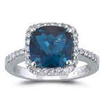 2.45 Cts Diamond & 8 mm AAA Cush Check London Blue Topaz Ring in 14KW