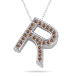 0.29 Cts Brown Diamond R Initial Pendant in 14K White Gold